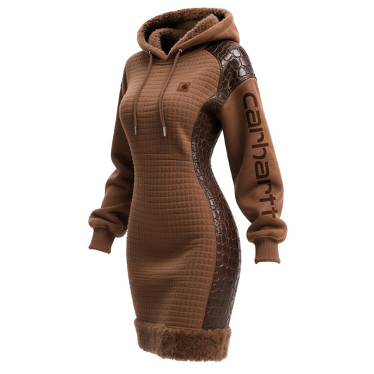 🔥𝗖𝗹𝗲𝗮𝗿𝗮𝗻𝗰𝗲 𝗦𝗮𝗹𝗲🌟Women's Contrast Color Stitching Suede Lambswool Lapel Hooded Long Sweatshirt Dress-Khaki