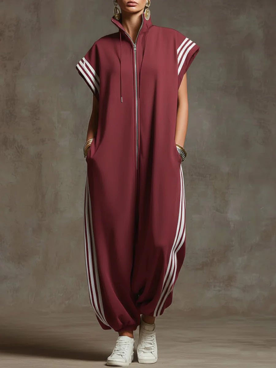 🔥Summer Arrivals🌟Women's Stand-collar Short-sleeved Casual Loose Cotton Wide-leg Jumpsuit