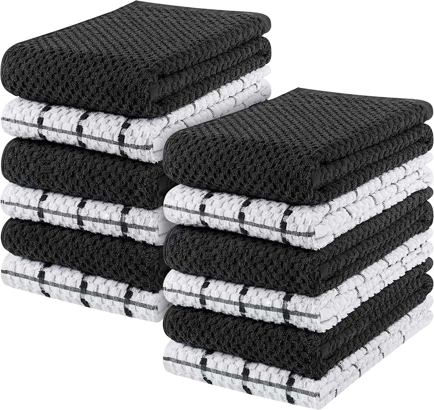 Kitchen Towels 12 Pack, 15 x 25 Inches, 100% Ring Spun Cotton Super Soft and Absorbent Linen Dish Towels, Tea Towels and Bar Towels Set (Black)