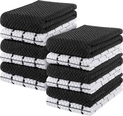 Kitchen Towels 12 Pack, 15 x 25 Inches, 100% Ring Spun Cotton Super Soft and Absorbent Linen Dish Towels, Tea Towels and Bar Towels Set (Black)
