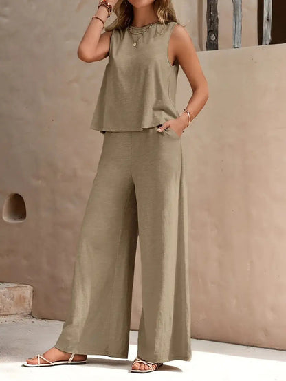🔥Summer Arrivals🌟Women's Casual Crew Neck Top And Wide-leg Pants Set