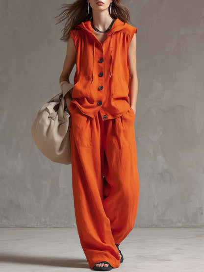🔥Summer Arrivals🌟Women's Solid Color Sleeveless Casual Loose Hooded Top and High-Waisted Wide-Leg Cotton Set