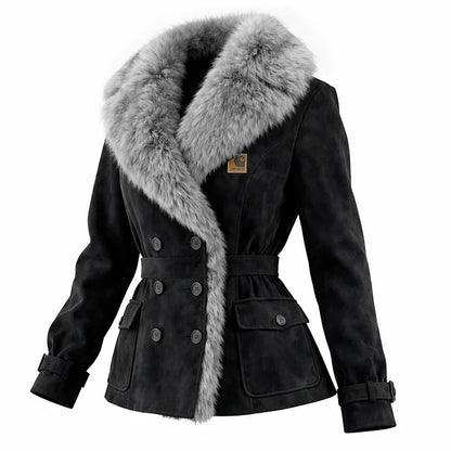 🔥𝗖𝗹𝗲𝗮𝗿𝗮𝗻𝗰𝗲 𝗦𝗮𝗹𝗲🌟Khaki-Women's Elegant Double-breasted Burgundy Suede Coat With Fur Collar