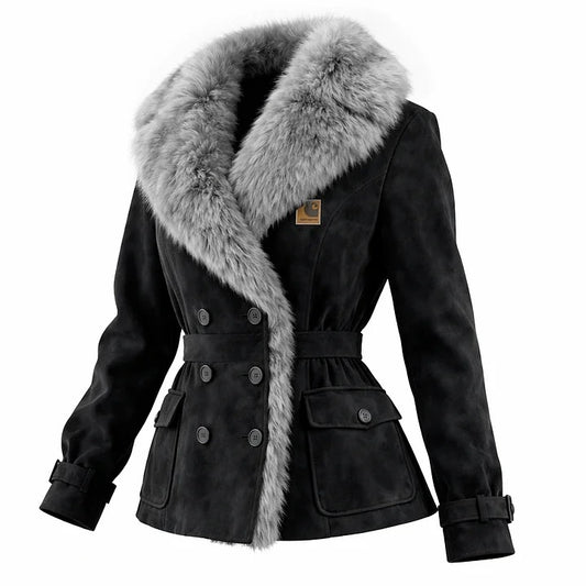 🔥𝗖𝗹𝗲𝗮𝗿𝗮𝗻𝗰𝗲 𝗦𝗮𝗹𝗲🌟Black-Women's Elegant Double-breasted Burgundy Suede Coat With Fur Collar