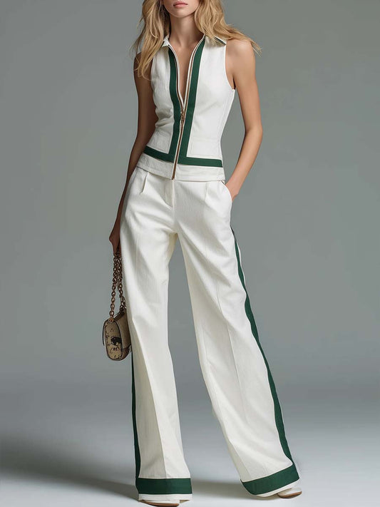 🔥Summer Arrivals🌟Women's Collared Sleeveless Casual Loose Top And High-waisted Casual Loose Wide-leg Pants Cotton Set
