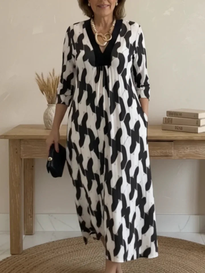 🔥Summer Arrivals🌟Elegant Art Print Color Block Trim V-neck Midi Dress