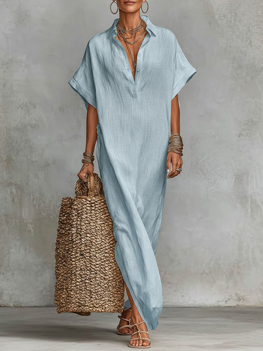 🔥Summer Arrivals🌟Women's Solid Color Collared Short-sleeved Casual Loose Linen Dress