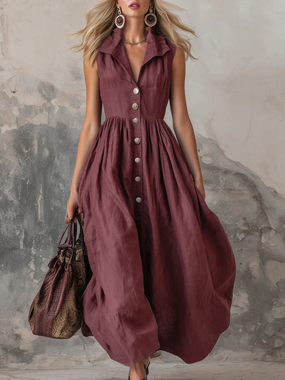 🔥Summer Arrivals🌟Women's Solid Color Lapel Sleeveless Casual Loose Cotton Dress