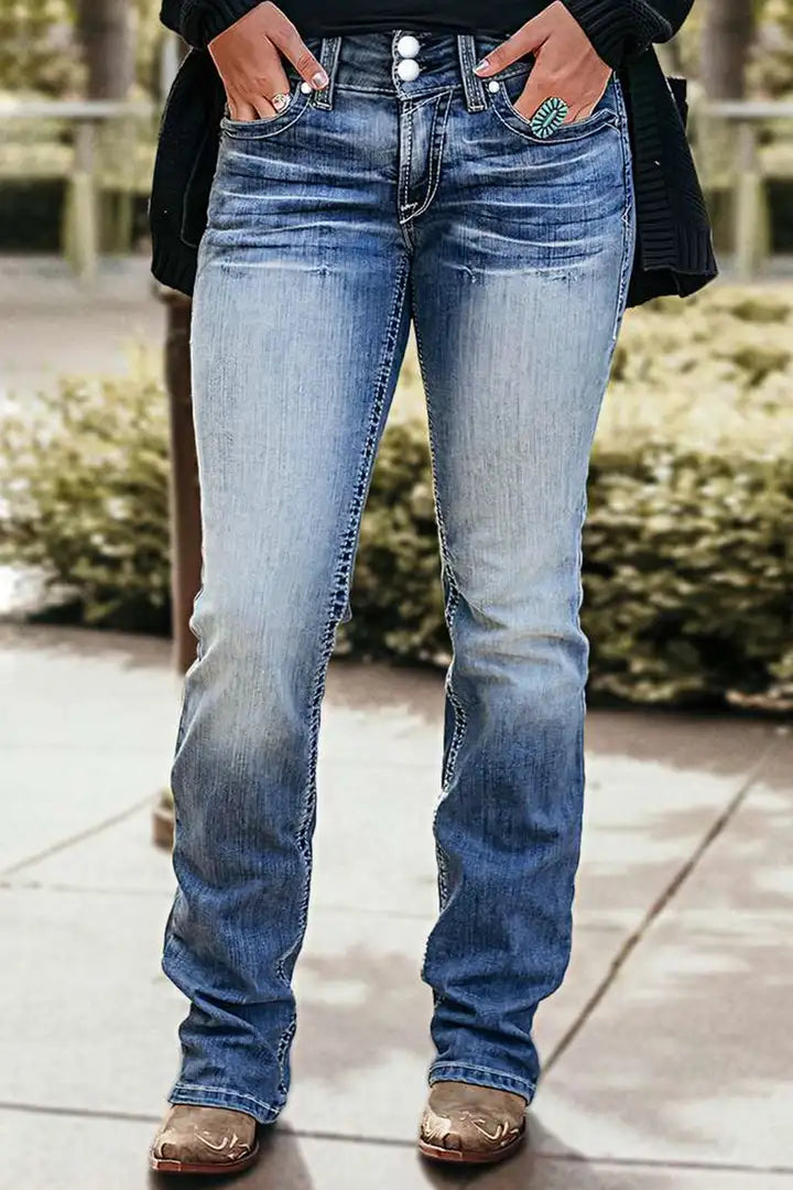 🔥Summer Arrivals🌟Stitch Detail Dual Button Mid Waist Straight Leg Jeans