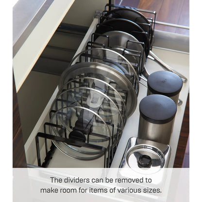 Yamazaki Home Adjustable Pot Lid and Frying Pan Organizer, Steel, Holds 15.4 lbs - L 7.87 x W 13.78 x H 7.09 inches