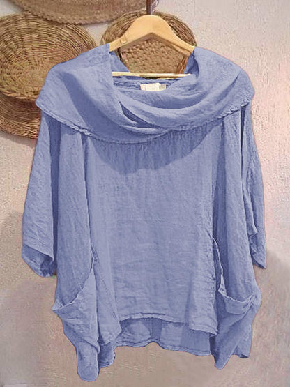 🔥Summer Arrivals🌟Women's Solid Color Draped Neck 3/4 Sleeve Comfortable Casual Linen Pocket Top