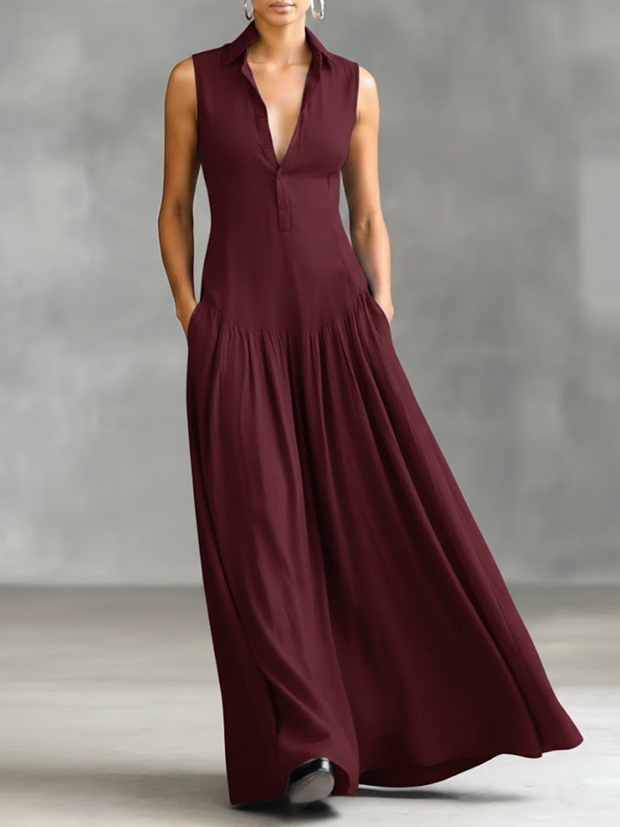🔥Summer Arrivals🌟Women's Solid Color Lapel Sleeveless Casual Loose Cotton Dress