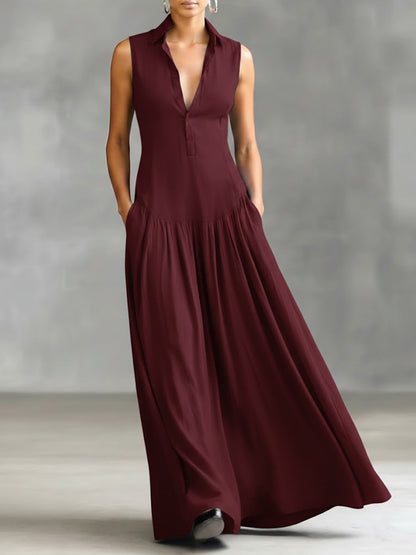 🔥Summer Arrivals🌟Women's Solid Color Lapel Sleeveless Casual Loose Cotton Dress