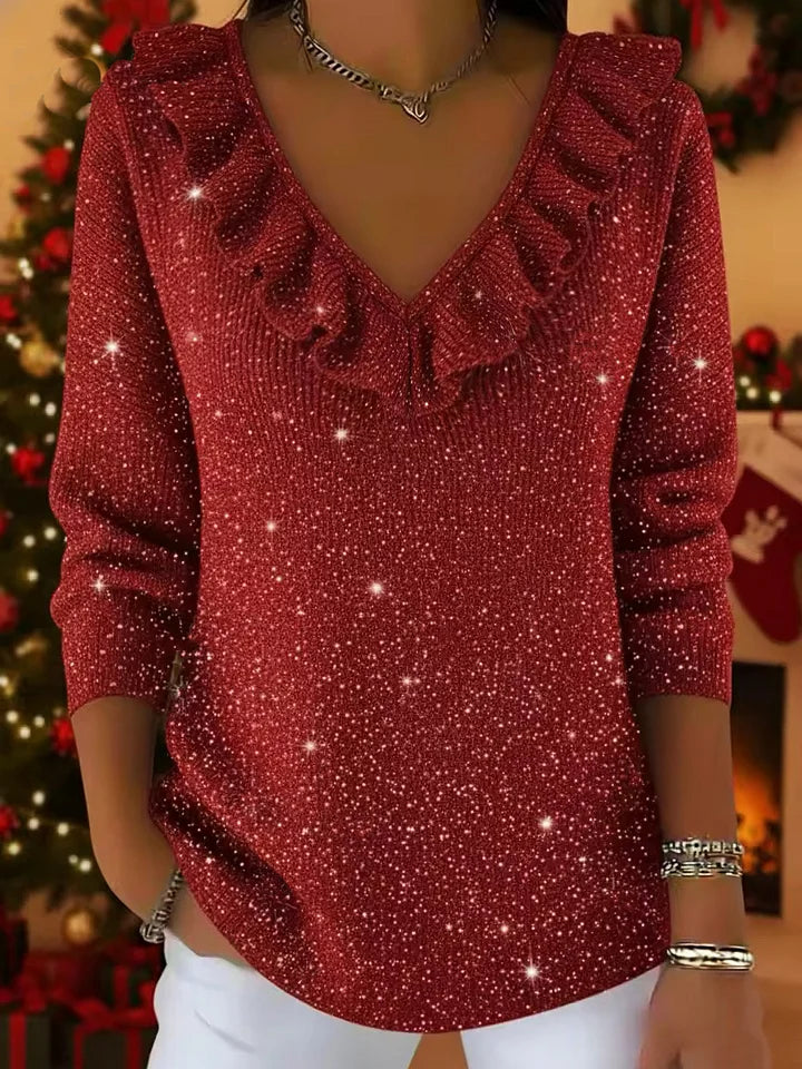 🔥Summer Arrivals🌟Christmas Elegant V-neck Ruffled Sparkly Sweater Top