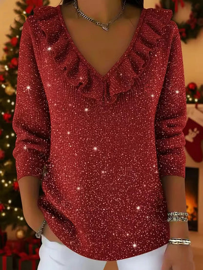🔥Summer Arrivals🌟Christmas Elegant V-neck Ruffled Sparkly Sweater Top