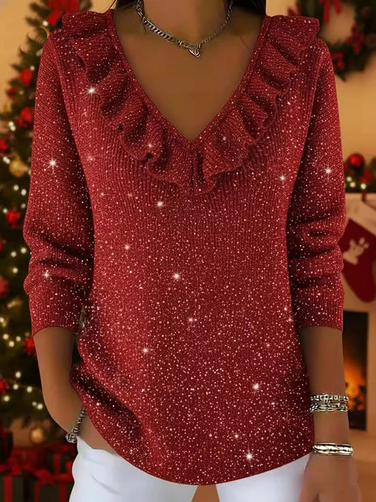 🔥Summer Arrivals🌟Christmas Elegant V-neck Ruffled Sparkly Sweater Top