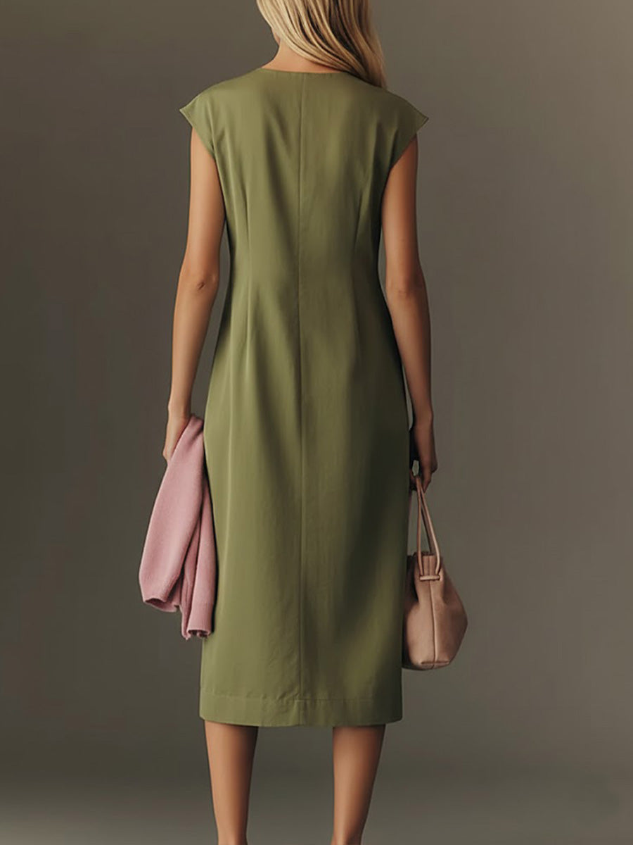 🔥Summer Arrivals🌟Women's Solid Color V-neck Sleeveless Casual Loose Cotton Linen Dress