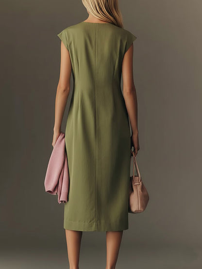 🔥Summer Arrivals🌟Women's Solid Color V-neck Sleeveless Casual Loose Cotton Linen Dress