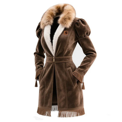 🔥𝗖𝗹𝗲𝗮𝗿𝗮𝗻𝗰𝗲 𝗦𝗮𝗹𝗲🌟Elegant Brown Faux Suede Coat With Fur Collar