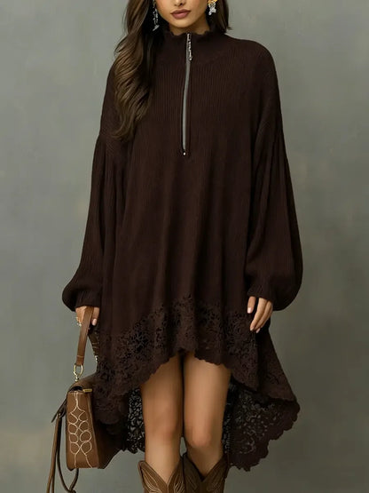 🔥Summer Arrivals🌟Women's Solid Color Stand-collar Long-sleeved Casual Loose Knit Dress With Lace Trim.