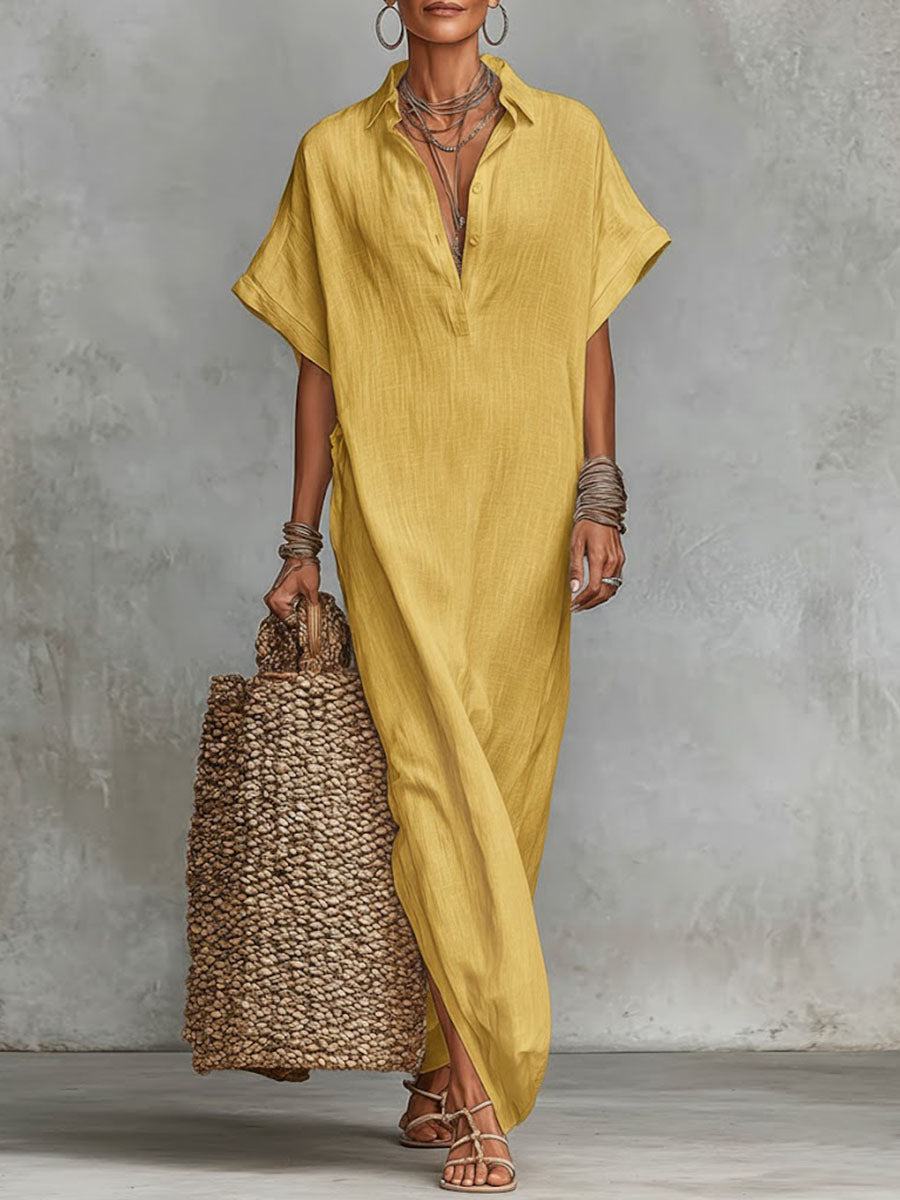 🔥Summer Arrivals🌟Women's Solid Color Collared Short-sleeved Casual Loose Linen Dress