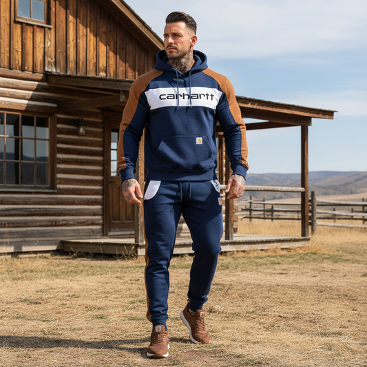 🔥𝗖𝗹𝗲𝗮𝗿𝗮𝗻𝗰𝗲 𝗦𝗮𝗹𝗲🌟Men's Vintage Navy Blue Color Block Pocket Hoodie And Sweatpants Jogger Set