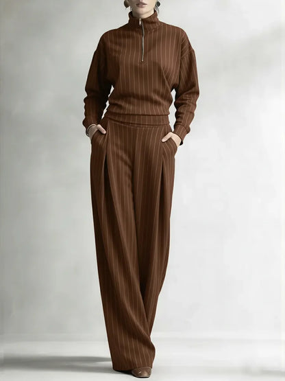 🔥Summer Arrivals🌟Women's Striped Stretch Cotton Half-zip Top And Wide-leg Pants Two-piece Set