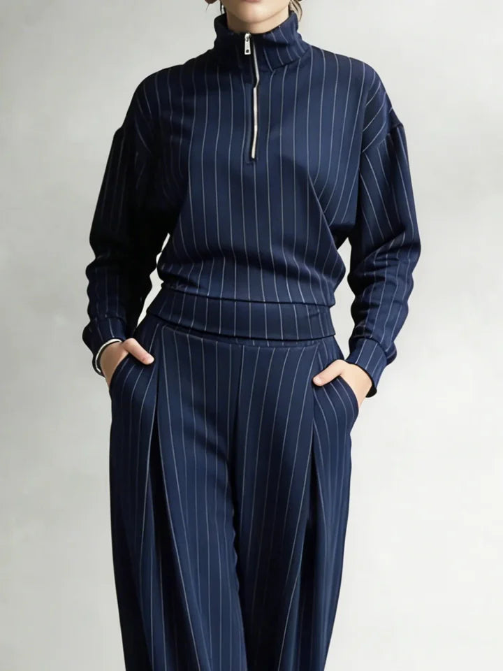 🔥Summer Arrivals🌟Women's Striped Stretch Cotton Half-zip Top And Wide-leg Pants Two-piece Set