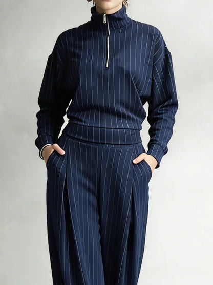 🔥Summer Arrivals🌟Women's Striped Stretch Cotton Half-zip Top And Wide-leg Pants Two-piece Set