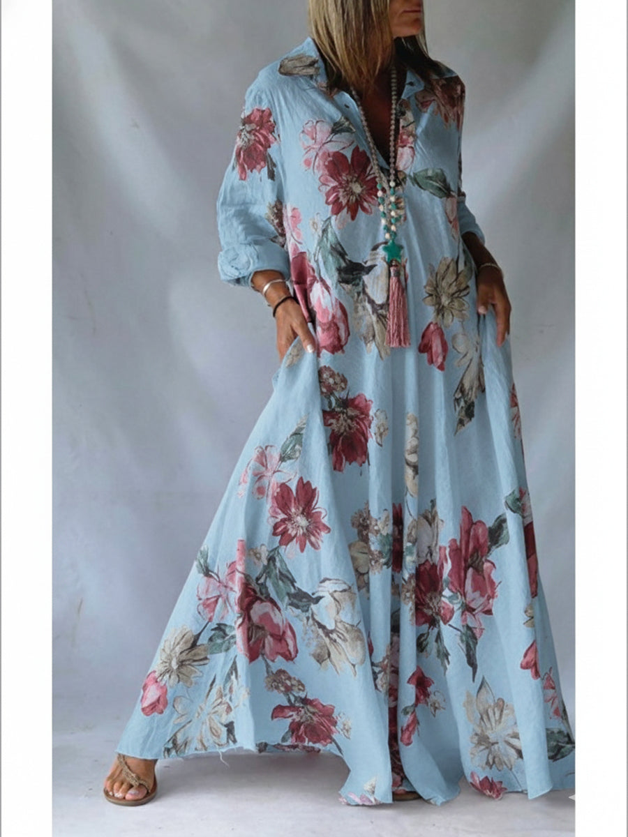 🔥Summer Arrivals🌟Loose-fitting Casual Linen And Cotton Floral Print Shirt Dress