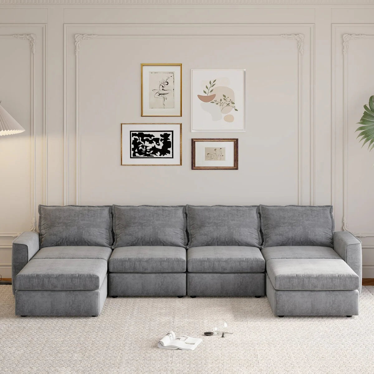 Nestfair Chenille Modular Sectional Sofa U Shaped Reversible Couch Free Combination 6 Seat Sleeper Sofa Bed with Ottoman