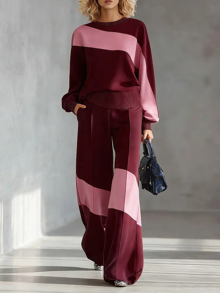 🔥Summer Arrivals🌟Women's Color-block Round Neck Long-sleeved Casual Loose Wide-leg Pants Knitted Set