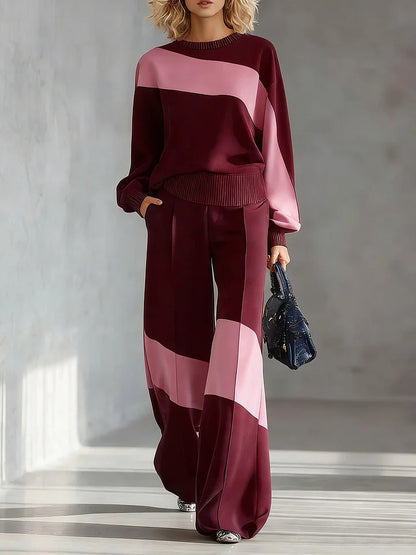 🔥Summer Arrivals🌟Women's Color-block Round Neck Long-sleeved Casual Loose Wide-leg Pants Knitted Set