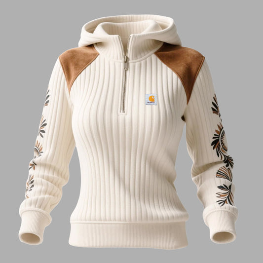 🔥𝗖𝗹𝗲𝗮𝗿𝗮𝗻𝗰𝗲 𝗦𝗮𝗹𝗲🌟Women's Retro Ethnic Style Half-zip Hooded Sweatshirt And Trousers Set, Made Of Vertical Striped Color-blocked Suede Mat