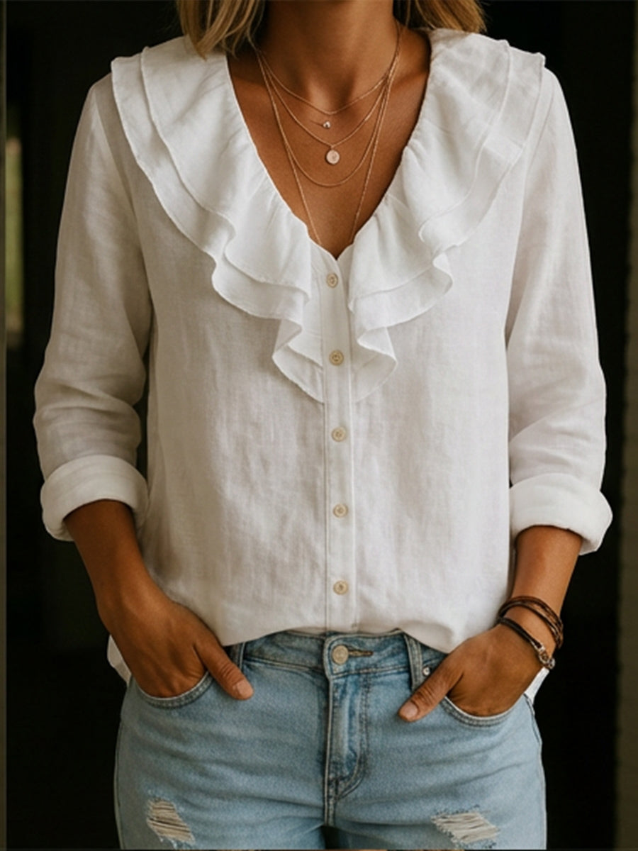 🔥Summer Arrivals🌟Women's Ruffled Collar Linen And Cotton Shirt