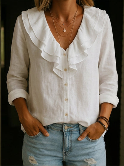🔥Summer Arrivals🌟Women's Ruffled Collar Linen And Cotton Shirt