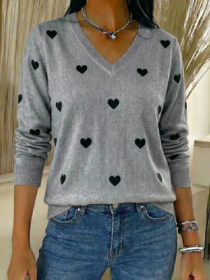 🔥Summer Arrivals🌟Women's Valentine's Day Heart Jacquard V-neck Long-sleeved Knit Sweater