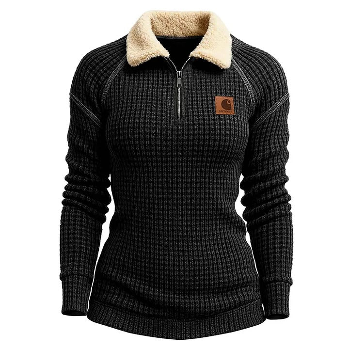 🔥𝗖𝗹𝗲𝗮𝗿𝗮𝗻𝗰𝗲 𝗦𝗮𝗹𝗲🌟Women's Vintage Black Waffle Knit Quarter-Zip Fur Lapel Long-Sleeve Sweatshirt