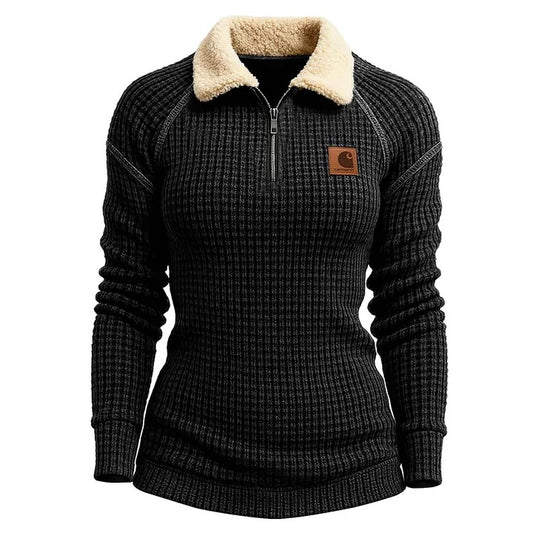 🔥𝗖𝗹𝗲𝗮𝗿𝗮𝗻𝗰𝗲 𝗦𝗮𝗹𝗲🌟Women's Vintage Black Waffle Knit Quarter-Zip Fur Lapel Long-Sleeve Sweatshirt