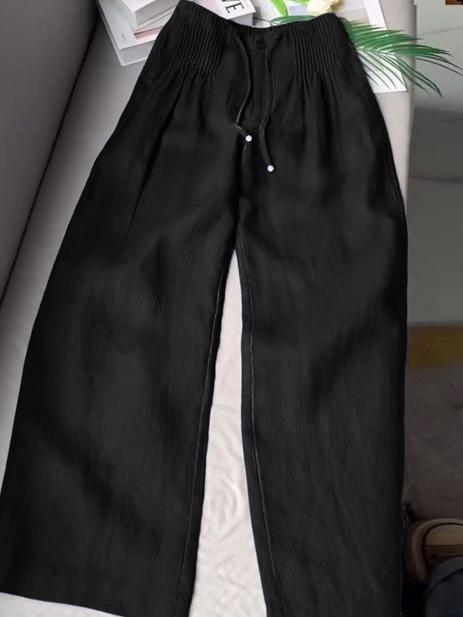 🔥Summer Arrivals🌟Women's Solid Color Pleated Drawstring Casual Cotton and Linen Wide Leg Pants