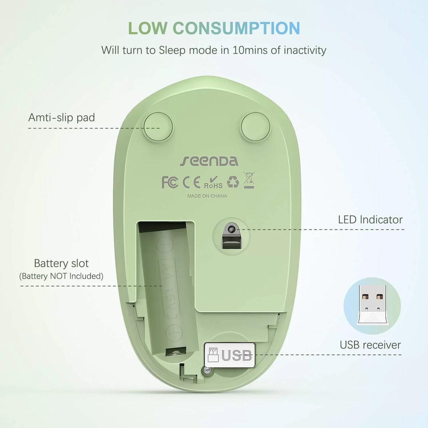seenda Wireless Mouse, 2.4G Noiseless Mouse with USB Receiver - Portable Computer Mice for PC, Tablet, Laptop with Windows System - Mint Green
