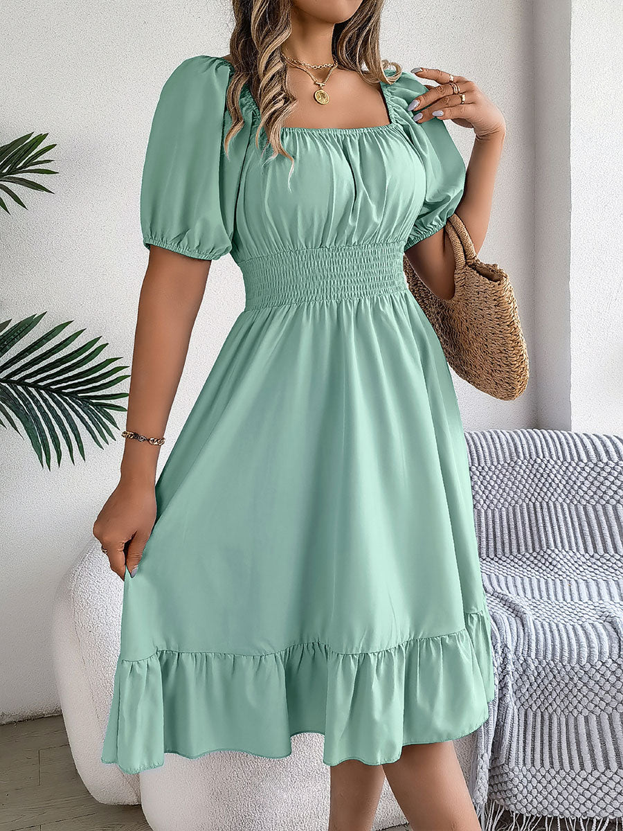 🔥Summer Arrivals🌟Women's Casual Solid Color Square Neck Short Sleeve Dress
