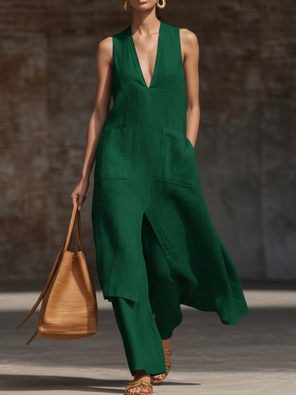 🔥Summer Arrivals🌟Stylish V-neck Long Shirt And Wide-leg Pant Linen Two-piece Set