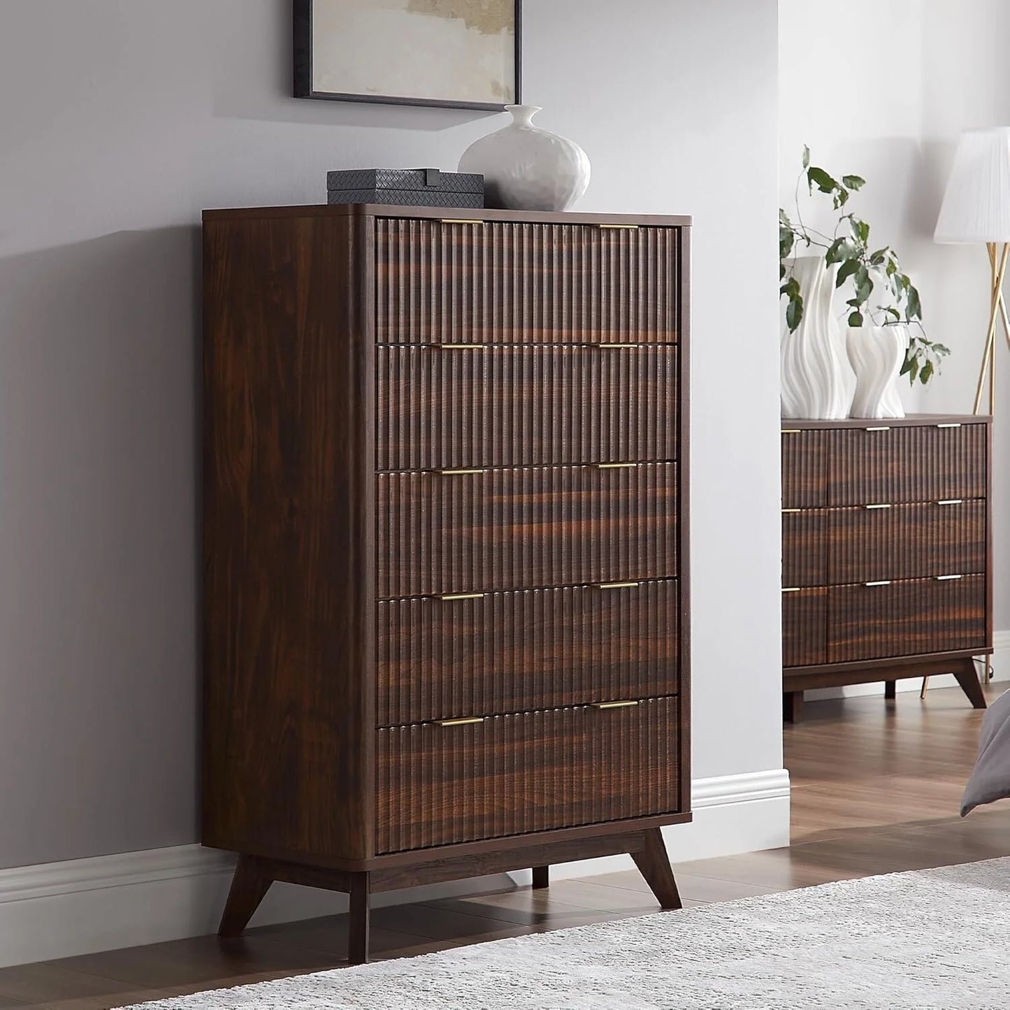 Modern Fluted 5 Drawers Dresser, Chest of Drawers, Dresser TV Stand