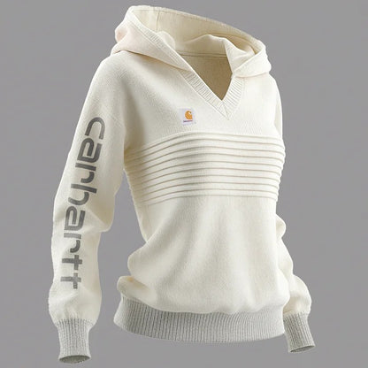 🔥𝗖𝗹𝗲𝗮𝗿𝗮𝗻𝗰𝗲 𝗦𝗮𝗹𝗲🌟Western-style Beige Hooded Knit Sweater Women's V-neck Textured Pullover