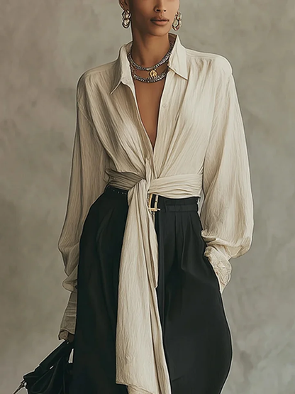 🔥Summer Arrivals🌟Elegant Minimalist Tie Shirt And Wide-leg Pants Two-piece Set
