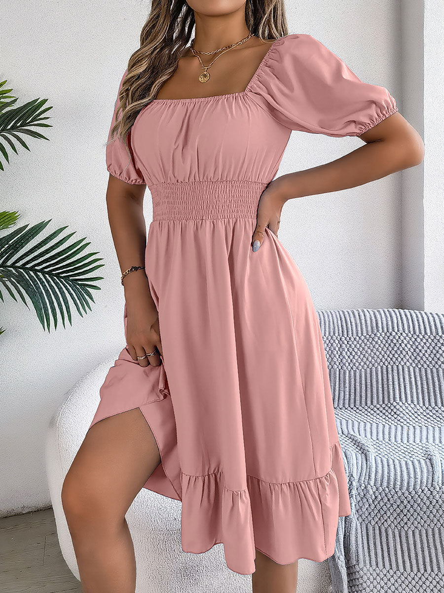 🔥Summer Arrivals🌟Women's Casual Solid Color Square Neck Short Sleeve Dress