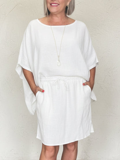🔥Summer Arrivals🌟Cozy Solid Color Loose-fitting Blouse And Skirt Linen Set