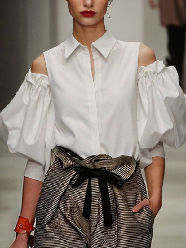 🔥Summer Arrivals🌟Women's Loose Pleated Solid Color Cold Shoulder Cotton Blouses