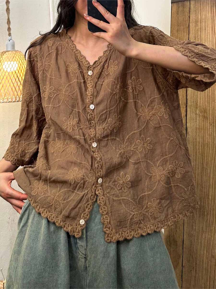 🔥Summer Arrivals🌟Women's V-neck Half Sleeve Embroidered Cardigan Buttoned Casual Linen Top